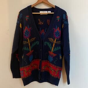Le Moda Knitwear Womens Sweater Cardigan Knitted by Hand Floral Navy Size Large
